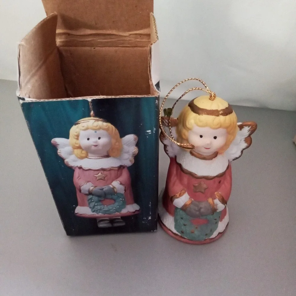 Vintage Porcelain Holiday Angel Bell Ornament Handpainted Pink Dress Wreath Box
